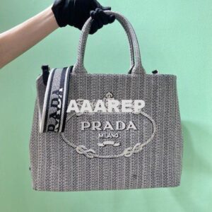 Replica Prada Medium Logo Ricamo Jacquard Tote 1BA342 Black 2