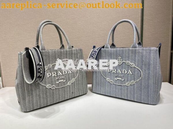 Replica Prada Medium Logo Ricamo Jacquard Tote 1BA342 Blue 3