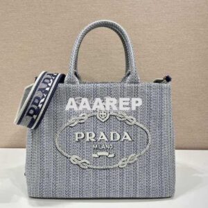 Replica Prada Medium Logo Ricamo Jacquard Tote 1BA342 Blue 2