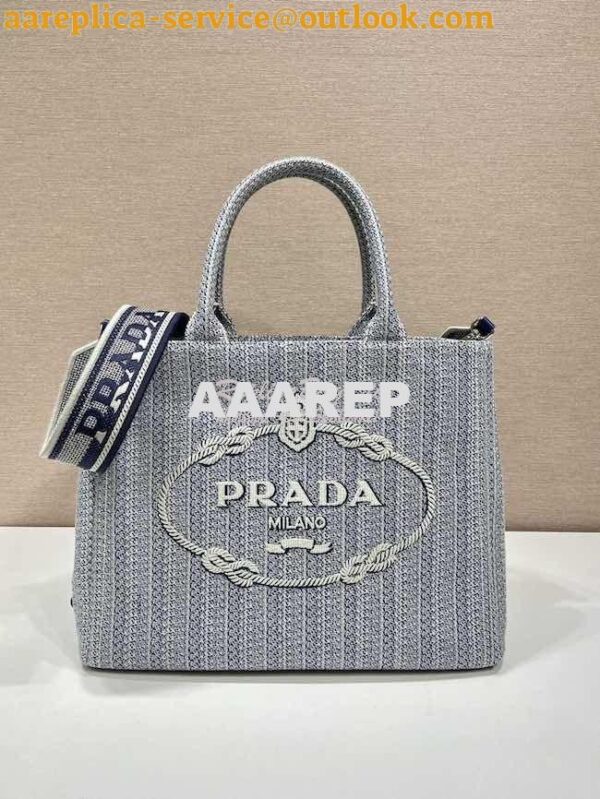 Replica Prada Medium Logo Ricamo Jacquard Tote 1BA342 Blue 4