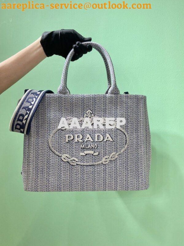 Replica Prada Medium Logo Ricamo Jacquard Tote 1BA342 Blue 5