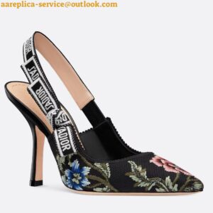 Replica Dior J'Adior Slingback Pumps 100mm In Black Petites Fleurs Embroidered Cotton