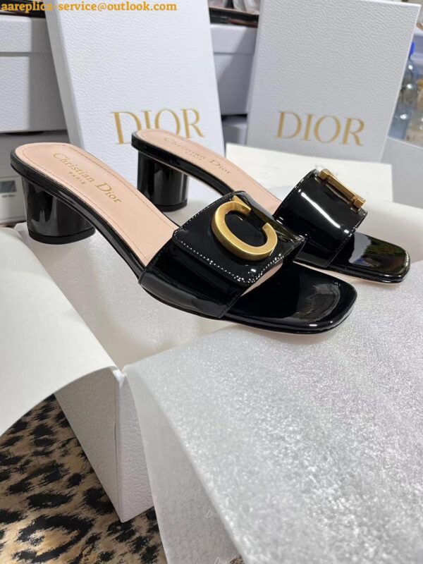 Replica Dior C'est Heeled 50MM Slides in Black Patent Calfskin 9