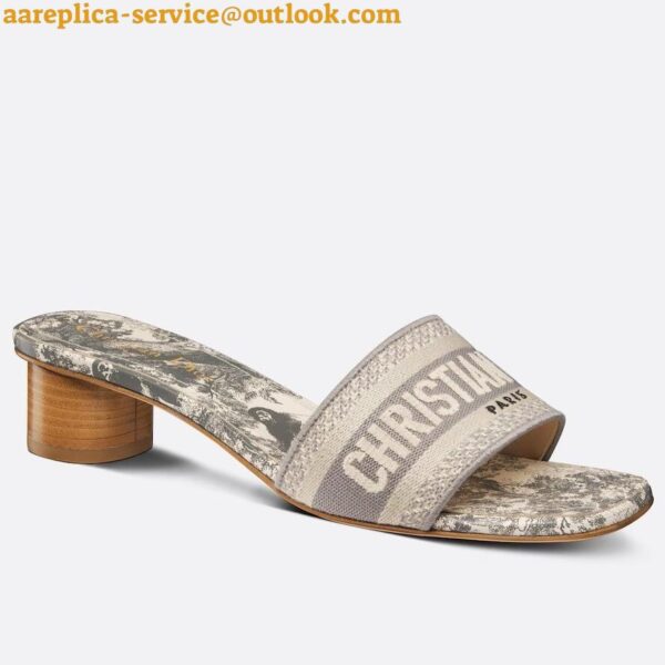 Replica Dior Dioriviera Dway Heeled 35MM Slides in Grey Toile de Jouy Sauvage Cotton