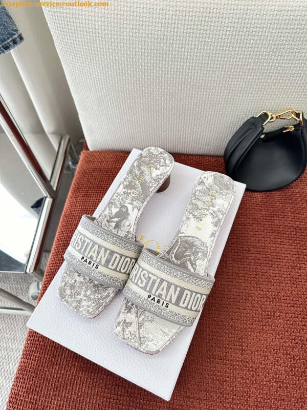 Replica Dior Dioriviera Dway Heeled 35MM Slides in Grey Toile de Jouy Sauvage Cotton 5