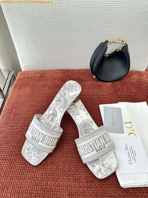 Replica Dior Dioriviera Dway Heeled 35MM Slides in Grey Toile de Jouy Sauvage Cotton 9