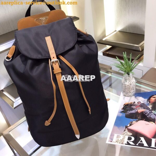 Replica Prada Nylon and Saffiano leather backpack 1BZ064 Black Caramel 4