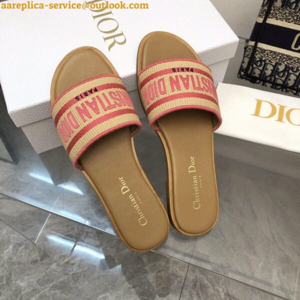 Replica Dior Dioriviera Dway Slides in Raffia and Pink Embroidered Cotton 7