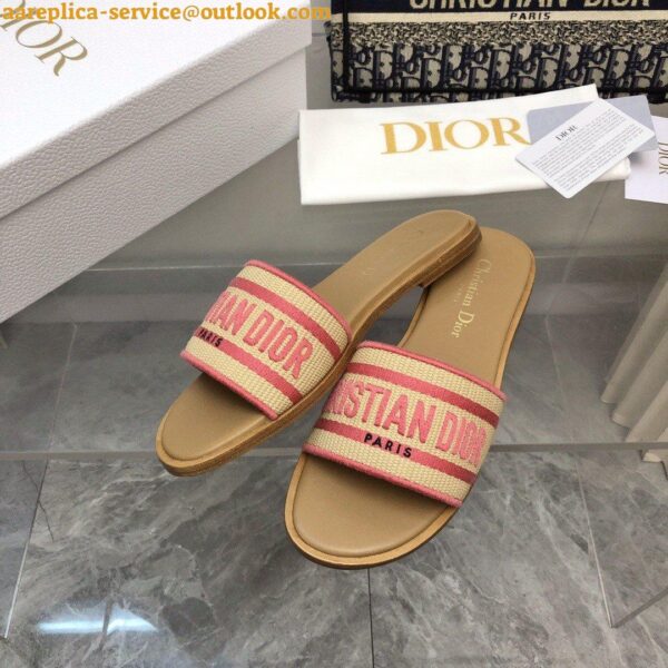 Replica Dior Dioriviera Dway Slides in Raffia and Pink Embroidered Cotton 8