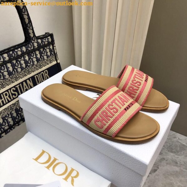 Replica Dior Dioriviera Dway Slides in Raffia and Pink Embroidered Cotton 9