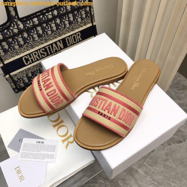 Replica Dior Dioriviera Dway Slides in Raffia and Pink Embroidered Cotton 10