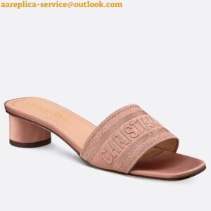 Replica Dior Dway Heeled 35MM Slides in Blush Metallic Thread Embroidered Satin