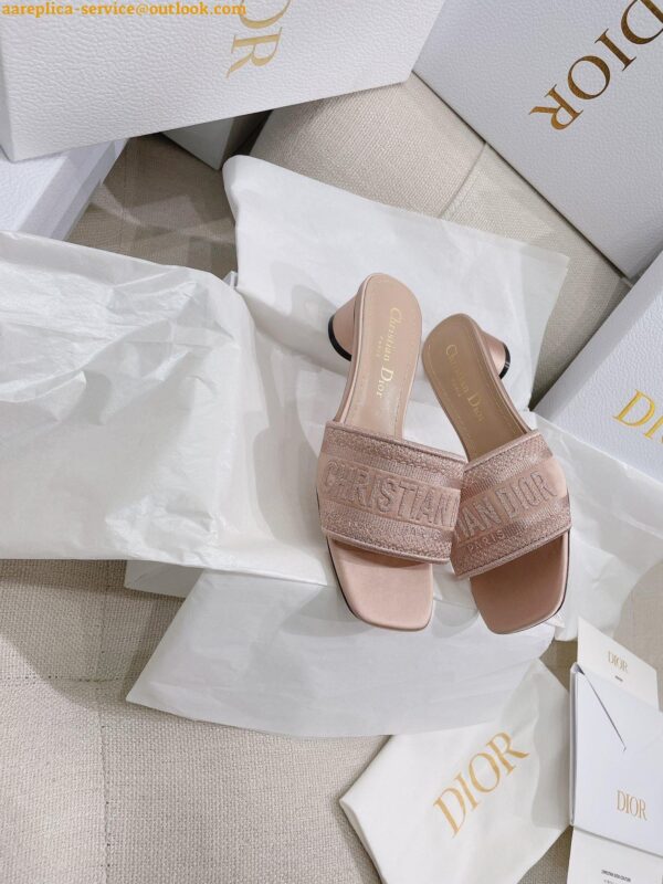 Replica Dior Dway Heeled 35MM Slides in Blush Metallic Thread Embroidered Satin 7