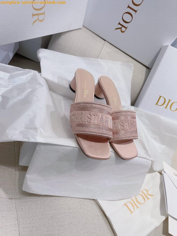 Replica Dior Dway Heeled 35MM Slides in Blush Metallic Thread Embroidered Satin 8