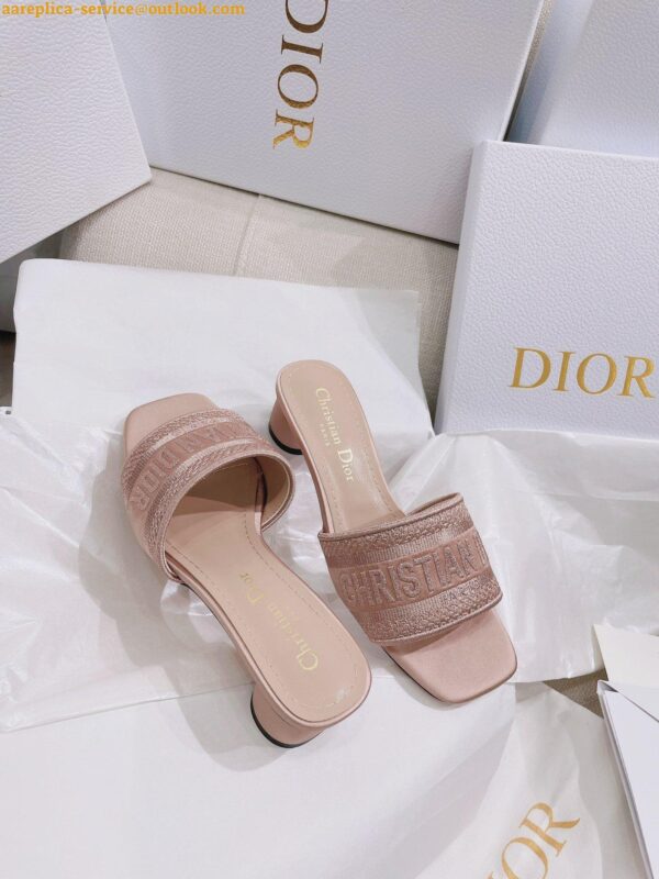 Replica Dior Dway Heeled 35MM Slides in Blush Metallic Thread Embroidered Satin 9