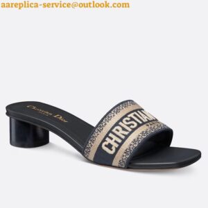 Replica Dior Dway Heeled 35MM Slides in Deep Blue Embroidered Cotton