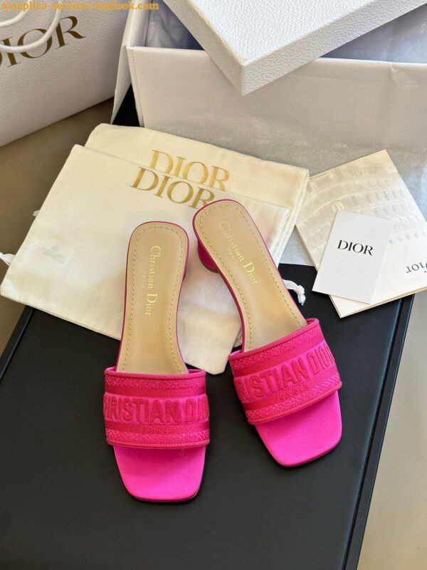 Replica Dior Dway Heeled 35MM Slides in Pink Embroidered Satin and Cotton 3