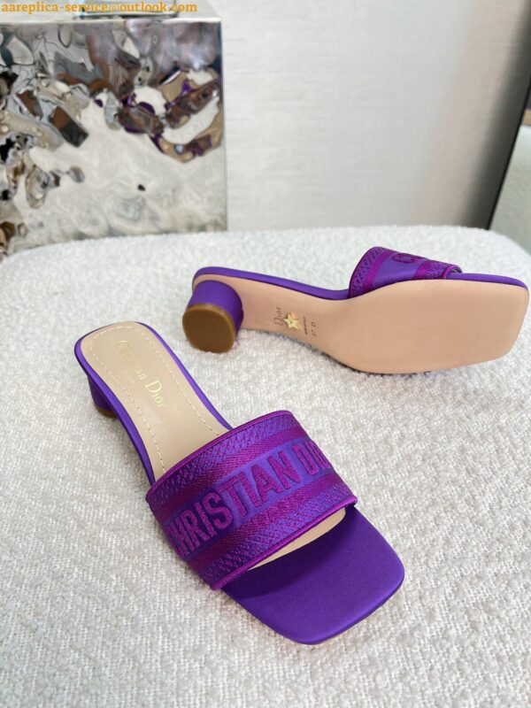 Replica Dior Dway Heeled 35MM Slides in Purple Embroidered Satin and Cotton 5