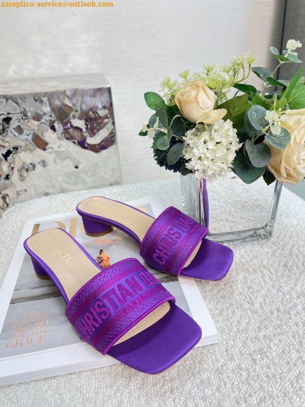 Replica Dior Dway Heeled 35MM Slides in Purple Embroidered Satin and Cotton 11