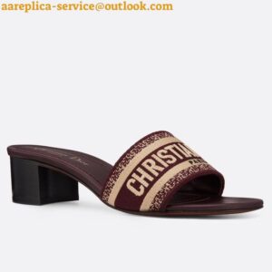 Replica Dior Dway Heeled Slides In Bordeaux Embroidered Cotton