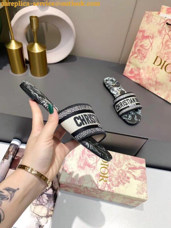 Replica Dior Dway Slides In Black Around The World Embroidered Cotton 6