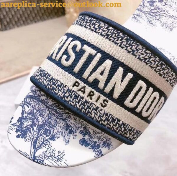 Replica Dior Dway Slides In Blue Toile de Jouy Embroidered Cotton 10