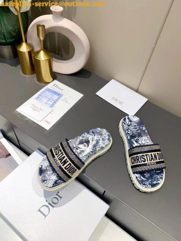 Replica Dior Dway Slides In Blue Toile de Jouy Flowers Embroidered Cotton 5