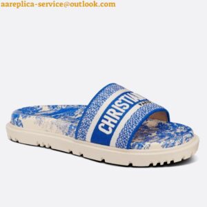 Replica Dior Dway Slides In Bright Blue Toile de Jouy Embroidered Cotton