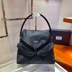 Replica Prada Signaux Nylon and Leather Hobo Bag 1BC160 Black