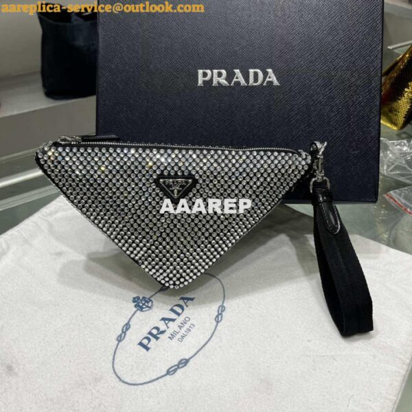 Replica Prada 1NE039 Crystal-studded satin pouch Black 3