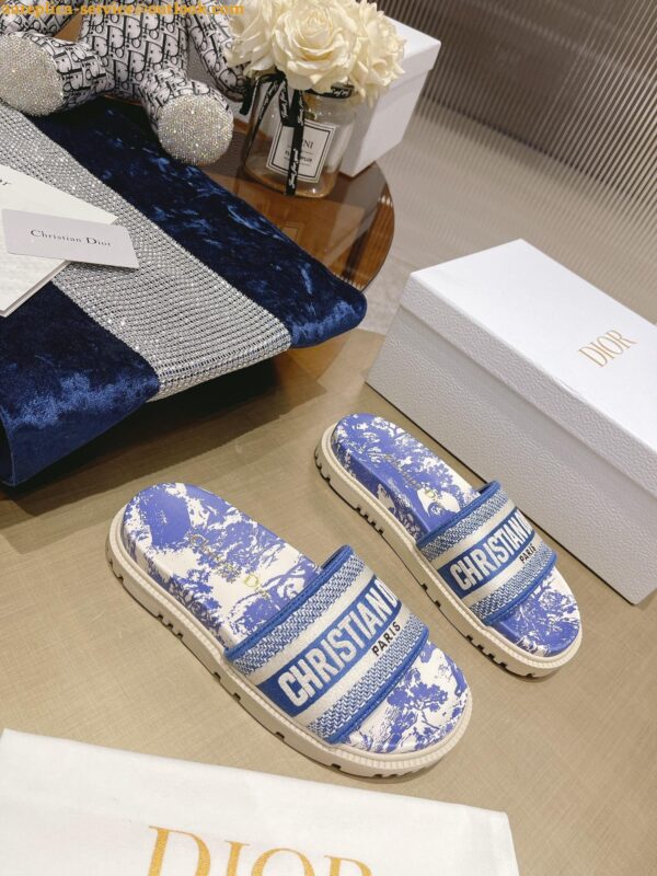 Replica Dior Dway Slides In Bright Blue Toile de Jouy Embroidered Cotton 10