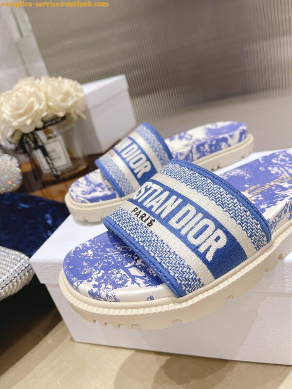 Replica Dior Dway Slides In Bright Blue Toile de Jouy Embroidered Cotton 11