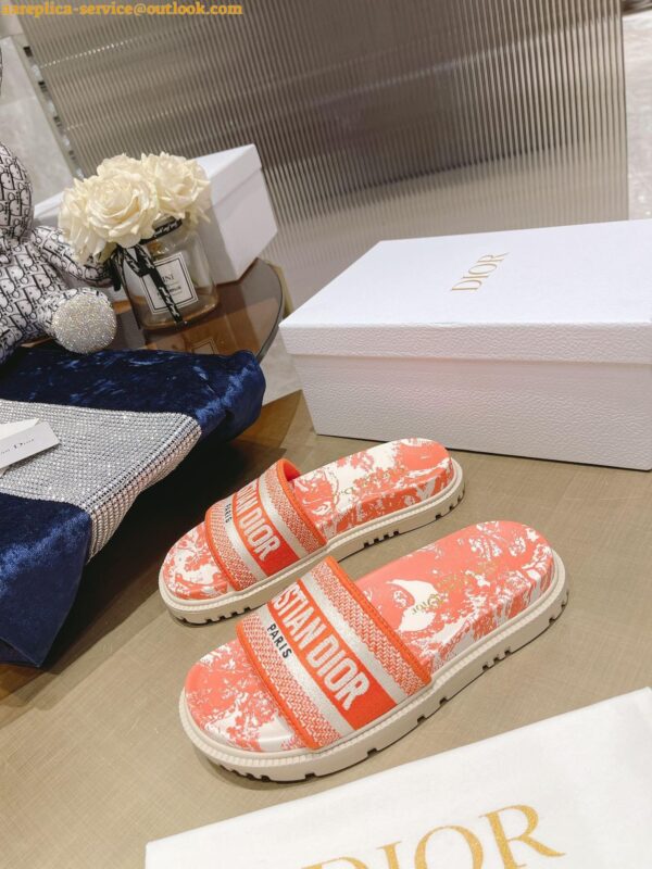 Replica Dior Dway Slides In Bright Orange Toile de Jouy Embroidered Cotton 5