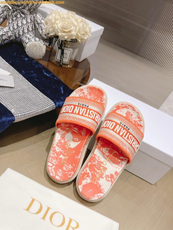 Replica Dior Dway Slides In Bright Orange Toile de Jouy Embroidered Cotton 11