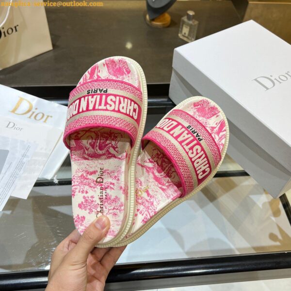 Replica Dior Dway Slides In Bright Pink Toile de Jouy Embroidered Cotton 15