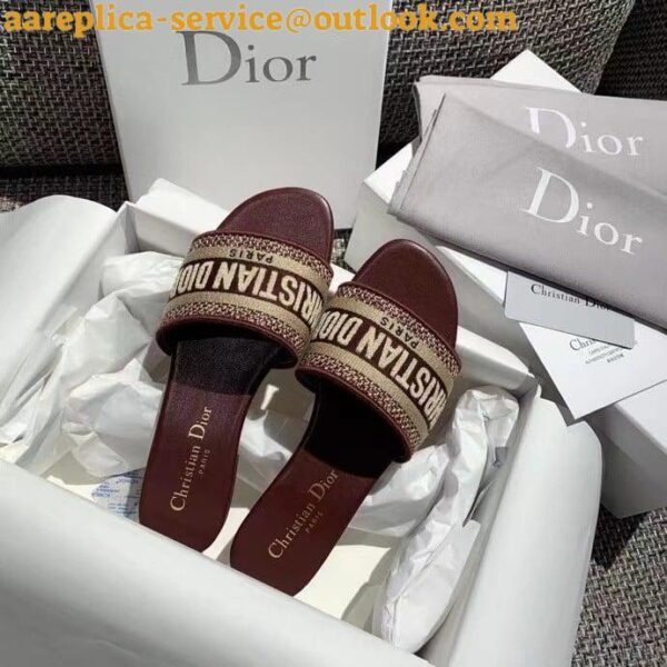 Replica Dior Dway Slides In Burgundy Embroidered Cotton 10