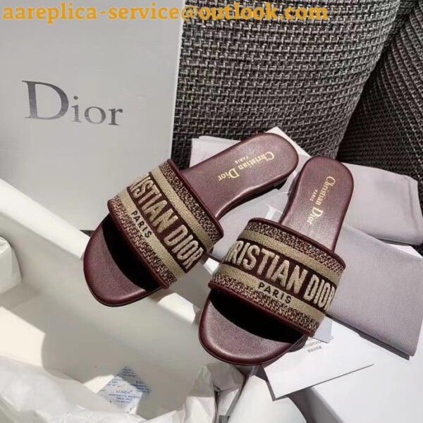 Replica Dior Dway Slides In Burgundy Embroidered Cotton 11