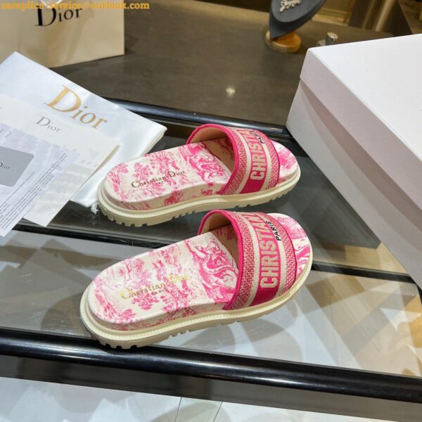 Replica Dior Dway Slides In Bright Pink Toile de Jouy Embroidered Cotton 19