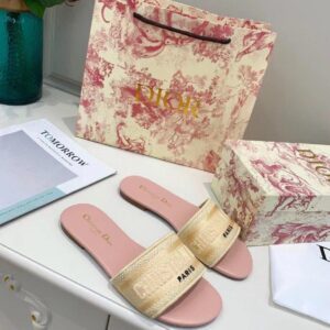 Replica Dior Dway Slides In Gold-Tone Metallic Thread Embroidered Cotton