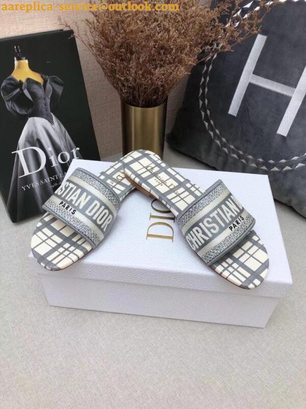 Replica Dior Dway Slides In Grey Check'n'Dior Embroidered Cotton 7