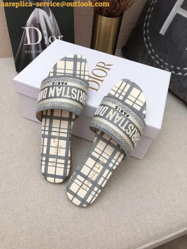 Replica Dior Dway Slides In Grey Check'n'Dior Embroidered Cotton 8