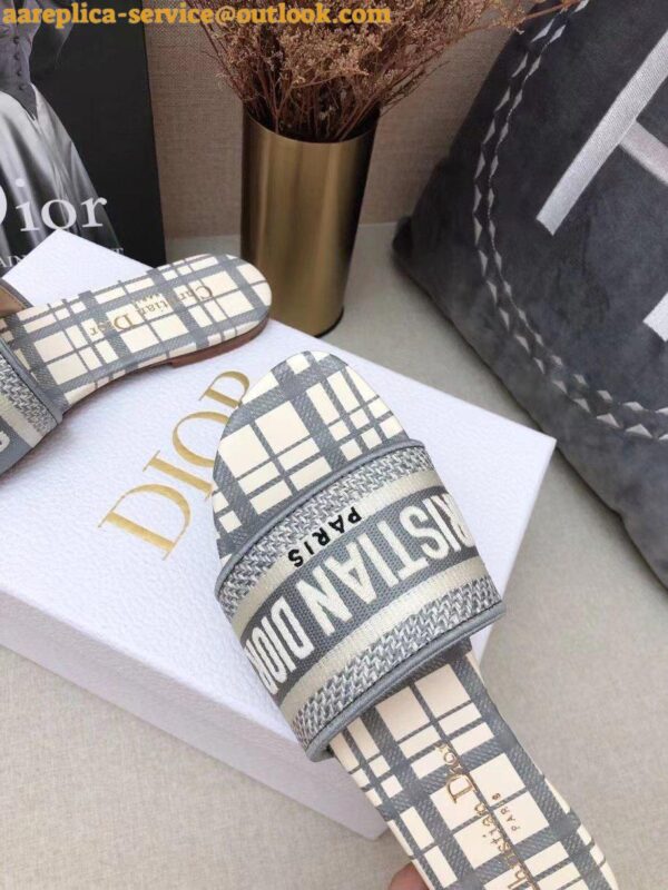 Replica Dior Dway Slides In Grey Check'n'Dior Embroidered Cotton 10