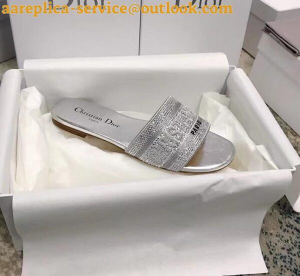 Replica Dior Dway Slides In Grey Metallic Thread Embroidery and Strass 3