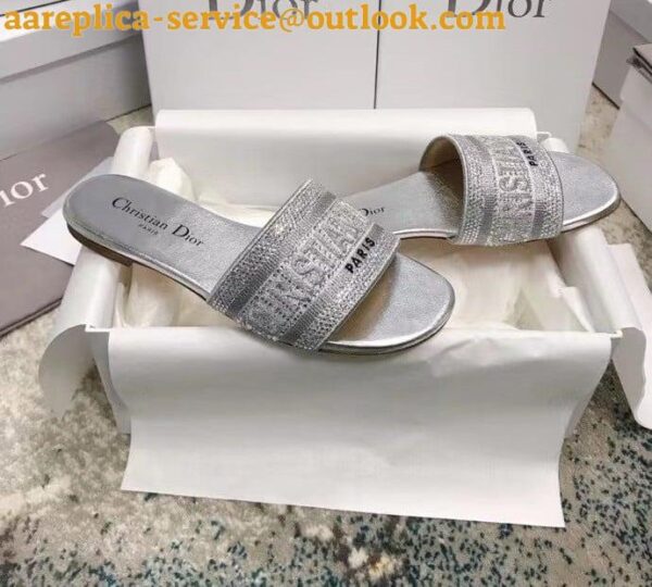 Replica Dior Dway Slides In Grey Metallic Thread Embroidery and Strass 7