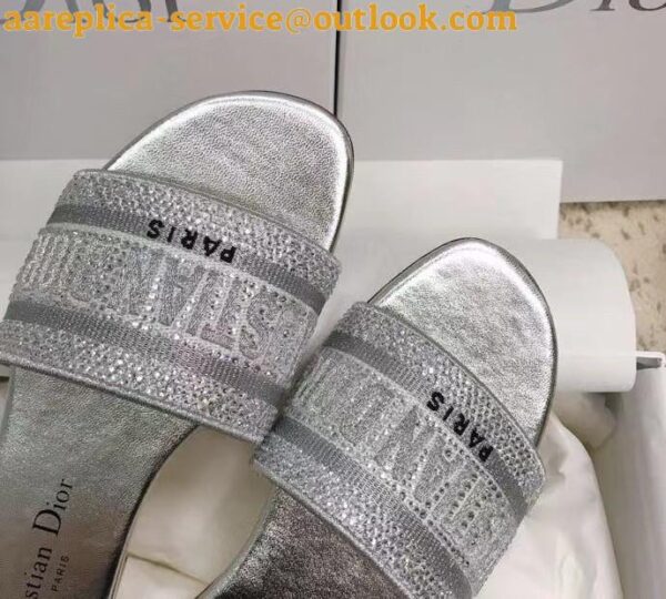 Replica Dior Dway Slides In Grey Metallic Thread Embroidery and Strass 8