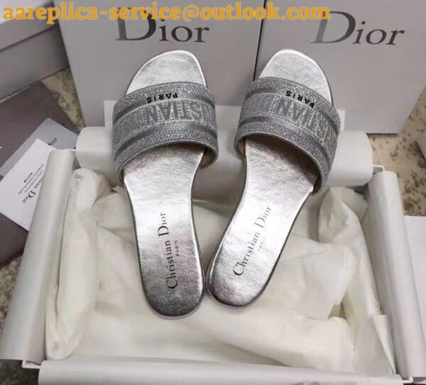 Replica Dior Dway Slides In Grey Metallic Thread Embroidery and Strass 11