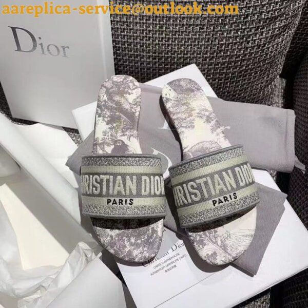 Replica Dior Dway Slides In Grey Toile de Jouy Embroidered Cotton 5