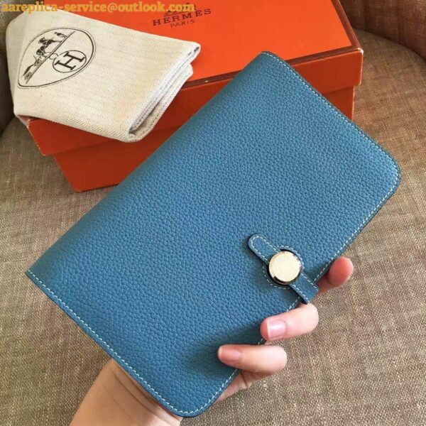 Replica Hermes Dogon Duo Wallet in Blue Jean Clemence Leather 3