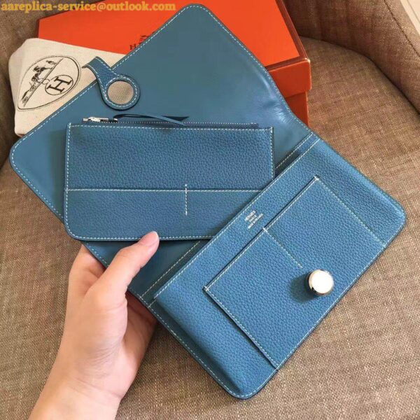 Replica Hermes Dogon Duo Wallet in Blue Jean Clemence Leather 5