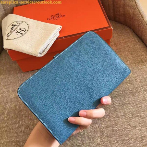 Replica Hermes Dogon Duo Wallet in Blue Jean Clemence Leather 8